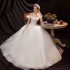 Affordable Ivory Wedding Dresses 2021 Ball Gown Off-The-Shoulder Beading Sequins Sleeveless Backless Floor-Length / Long Wedding