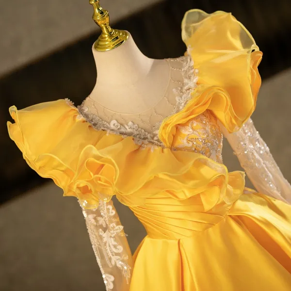Vintage / Retro Yellow Beading Sequins Prom Dresses 2025 Ball Gown Scoop Neck Long Sleeve Backless Floor-Length / Long Formal Dresses