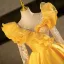 Vintage / Retro Yellow Beading Sequins Prom Dresses 2025 Ball Gown Scoop Neck Long Sleeve Backless Floor-Length / Long Formal Dresses