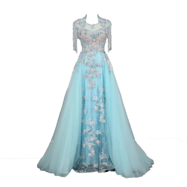 High End Blau Handgefertigt Perlenstickerei Abendkleider 2019 A Linie Eckiger Ausschnitt Kristall Quaste Perle Strass Pailletten Spitze Blumen Applikationen Ärmellos Sweep / Pinsel Zug Festliche Kleider