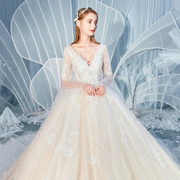 Charming Champagne Wedding Dresses 2019 A-Line / Princess V-Neck Beading Rhinestone Lace Flower Long Sleeve Backless Royal Train