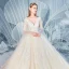 Charming Champagne Wedding Dresses 2019 A-Line / Princess V-Neck Beading Rhinestone Lace Flower Long Sleeve Backless Royal Train