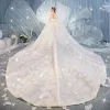 Luxury / Gorgeous Champagne Wedding Dresses 2019 Ball Gown V-Neck Beading Sequins Lace Flower Bell sleeves Backless Royal Train