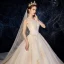 High-end Champagne Wedding Dresses 2019 A-Line / Princess Spaghetti Straps Ruffle Beading Sequins Lace Flower Sleeveless Backless Chapel Train