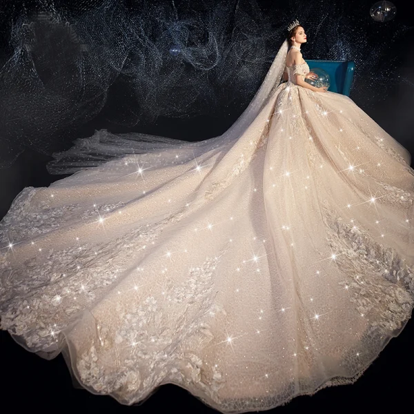 Luxury / Gorgeous Victorian Style Champagne Wedding Dresses 2019 A-Line / Princess Off-The-Shoulder Rhinestone Sequins Lace Flower Short Sleeve Backless Royal Train