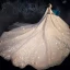 Luxury / Gorgeous Victorian Style Champagne Wedding Dresses 2019 A-Line / Princess Off-The-Shoulder Rhinestone Sequins Lace Flower Short Sleeve Backless Royal Train
