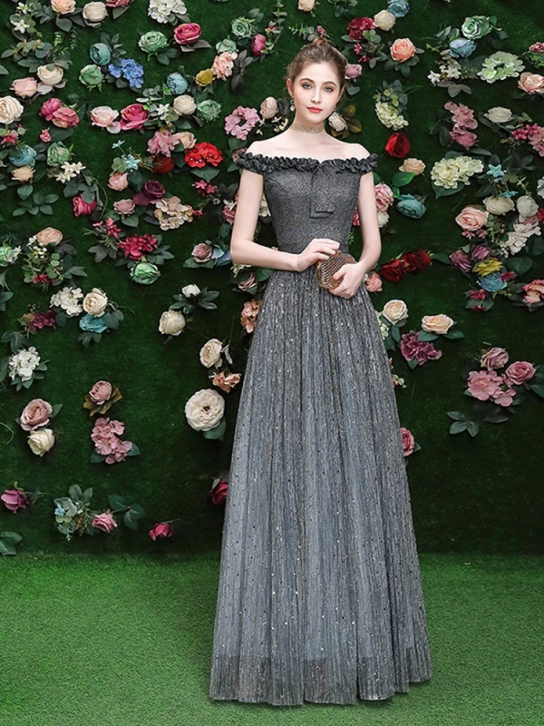 Glitzernden Grau Abendkleider 2019 A Linie Off Shoulder Pailletten Ärmellos Rückenfreies Lange Festliche Kleider