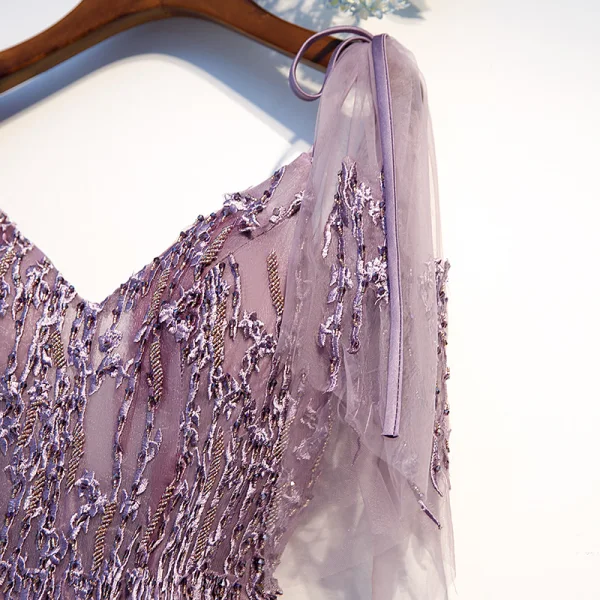 Chic / Beautiful Grape Evening Dresses  2019 A-Line / Princess Spaghetti Straps Beading Crystal Lace Flower Short Sleeve Backless Asymmetrical Formal Dresses
