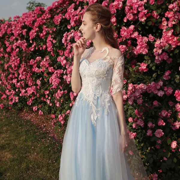 Chic / Beautiful Sky Blue Prom Dresses 2018 A-Line / Princess Appliques Scoop Neck 1/2 Sleeves Floor-Length / Long Formal Dresses