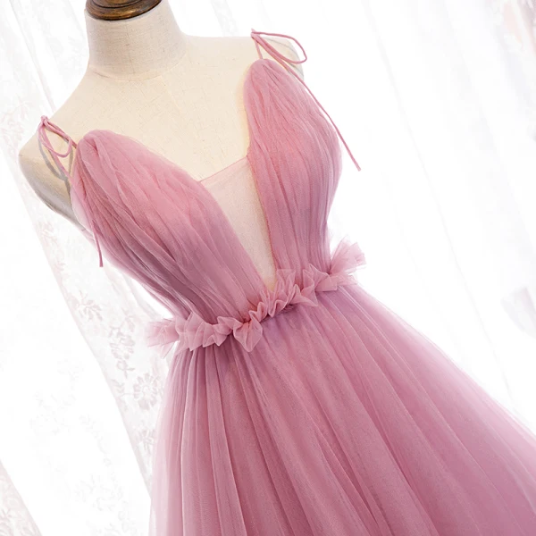 Schöne Pink Abendkleider A Linie 2019 Rüschen Spaghettiträger Schleife Ärmellos Rückenfreies Hof-Schleppe Festliche Kleider