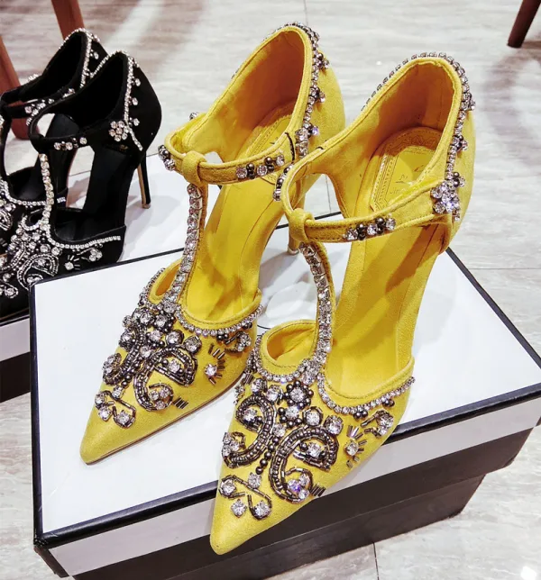 Chic / Beautiful Yellow Evening Party Womens Shoes 2019 Crystal Rhinestone Suede T-Strap 10 cm Stiletto Heels Pointed Toe High Heels