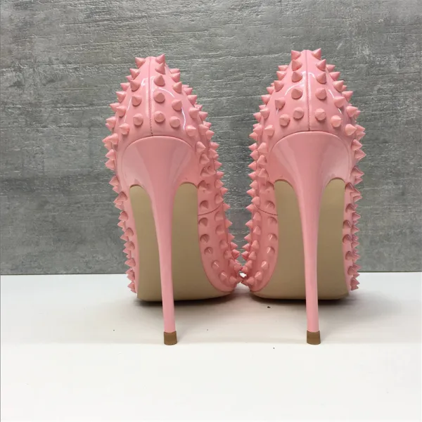 Chic / Belle Rose Bonbon Soirée Escarpins 2019 Cuir Rivet 12 cm Talons Aiguilles À Bout Pointu Escarpins