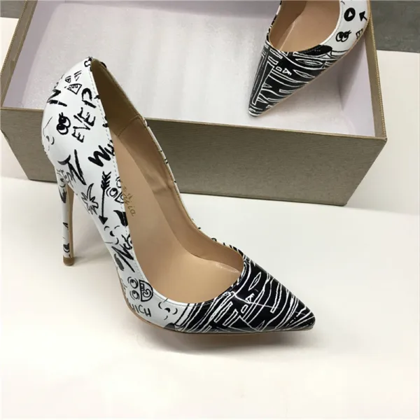 Mote Hvit Svart Doodle Aften Pumps 2019 Lær 12 cm Stiletthæler Spisse Pumps