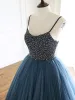 Charming Ocean Blue Prom Dresses 2019 A-Line / Princess Spaghetti Straps Beading Pearl Sequins Sleeveless Backless Floor-Length / Long Formal Dresses