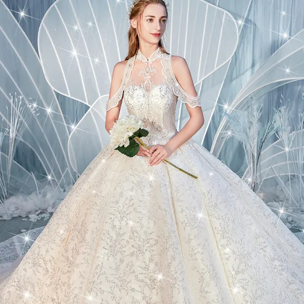 High-end Champagne Wedding Dresses 2019 Ball Gown High Neck Beading Sequins Crystal Lace Flower Sleeveless Backless Royal Train