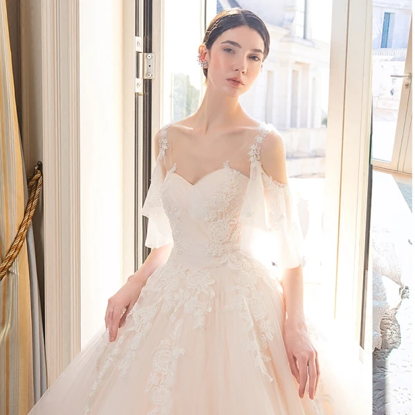 Elegant Champagne Wedding Dresses 2018 Ball Gown Lace Appliques Spaghetti Straps Backless Cathedral Train Short Sleeve Wedding