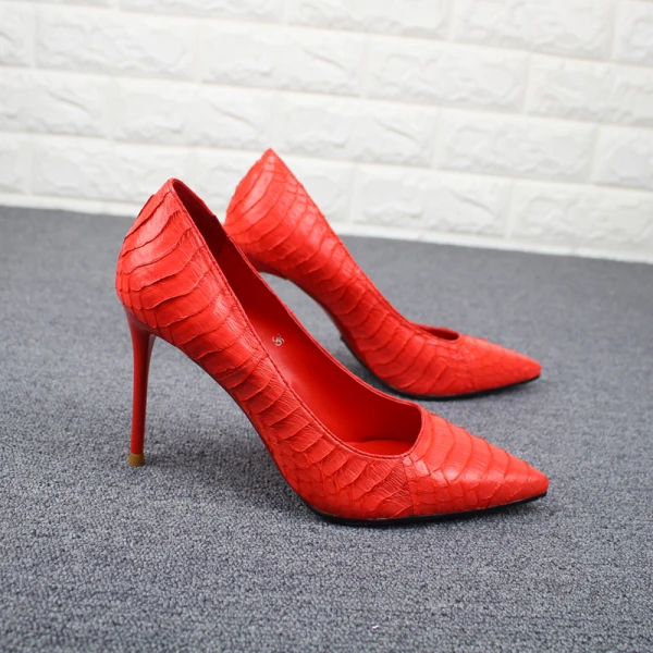 Schöne Rot Abend Pumps 2019 Leder Schlangenhautmuster 9 cm Stilettos Spitzschuh Pumps