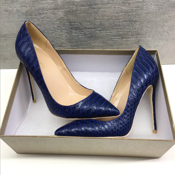 Classy Royal Blue Casual Pumps 2019 Leather Snakeskin Print 12 cm Stiletto Heels Pointed Toe Pumps