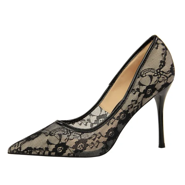 Mooie / Prachtige Zwarte Avond Pumps 2019 Kant 10 cm Naaldhakken / Stiletto Spitse Neus Pumps