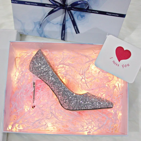 Sparkly Sølv Aften Pumps 2019 Paljetter 9 cm Stiletthæler Spisse Pumps