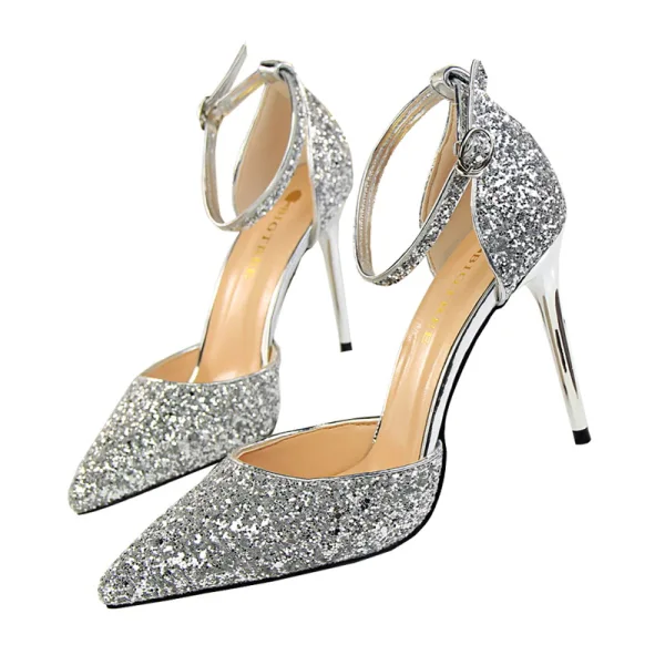 Glittrande Silver Afton Damskor 2019 Paljetter 9 cm Stilettklackar Spetsiga Högklackade