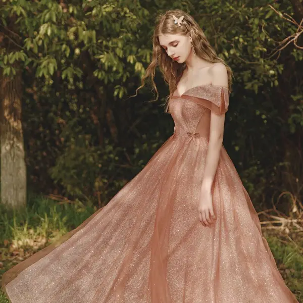 Fashion Glitter Orange Prom Dresses 2021 A-Line / Princess Off-The-Shoulder Short Sleeve Backless Floor-Length / Long Formal Dresses
