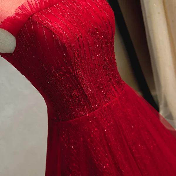 Chic / Beautiful Burgundy Evening Dresses 2019 A-Line / Princess High Neck Beading Sequins Crystal Lace Flower Sleeveless Backless Floor-Length / Long Formal Dresses