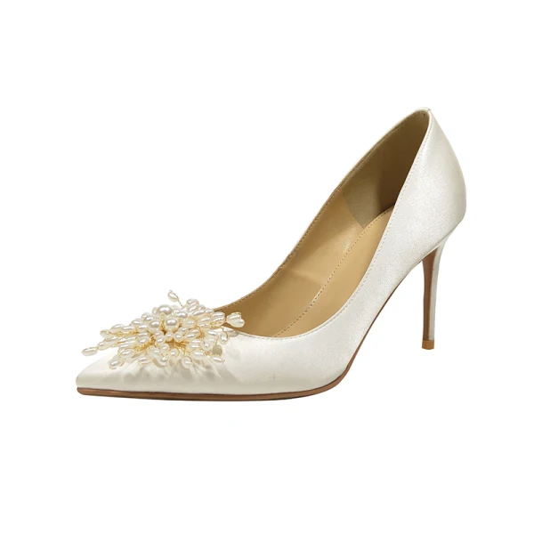 Chic Ivoire Chaussure De Mariée 2019 Cuir Perle 8 cm Talons Aiguilles À Bout Pointu Mariage Escarpins