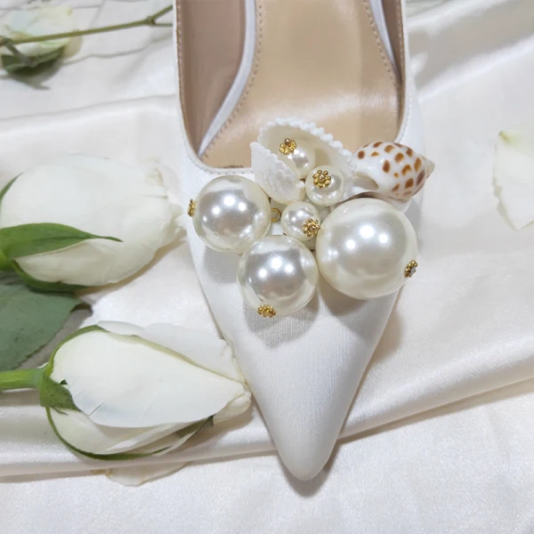 Elegancka Kość Słoniowa Buty Ślubne 2019 Skórzany Perła 6 cm Szpilki Szpiczaste Ślub Czółenka
