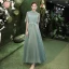 Modest / Simple Mint Green Bridesmaid Dresses 2021 A-Line / Princess Scoop Neck Lace Flower 1/2 Sleeves Backless Floor-Length / Long Tulle Wedding Party Dresses