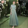 Modest / Simple Mint Green Bridesmaid Dresses 2021 A-Line / Princess Scoop Neck Lace Flower 1/2 Sleeves Backless Floor-Length / Long Tulle Wedding Party Dresses