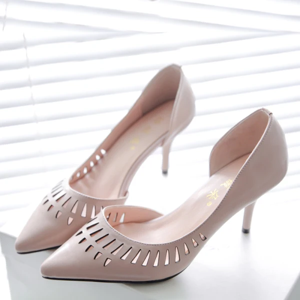 Mode Aprikos / Beige Casual Damskor 2019 Läder 7 cm Stilettklackar Spetsiga Högklackade