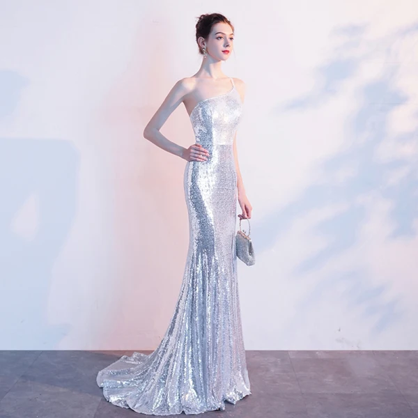Sexy Scintillantes Argenté Robe De Soirée 2019 Trompette / Sirène Une épaule Paillettes Sans Manches Dos Nu Fendue devant Train De Balayage Robe De Ceremonie