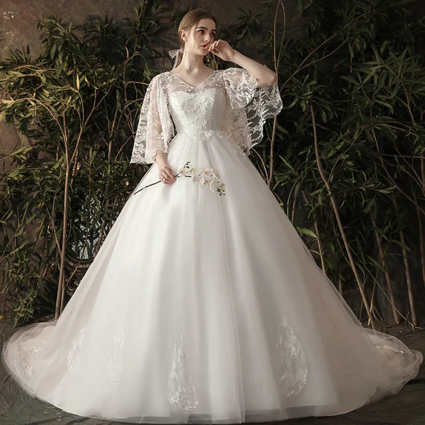 Chic / Beautiful Ivory Pregnant Wedding Dresses 2019 A-Line / Princess V-Neck Pearl Lace Flower 3/4 Sleeve Backless Chapel Train