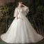 Chic / Beautiful Ivory Pregnant Wedding Dresses 2019 A-Line / Princess V-Neck Pearl Lace Flower 3/4 Sleeve Backless Chapel Train
