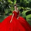 Haut de Gamme Rouge Robe De Mariée 2019 Robe Boule V-Cou Perle Faux Diamant Appliques Manches Courtes Dos Nu Chapel Train