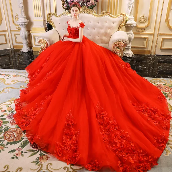 High-end Röd Bröllopsklänningar 2019 Prinsessa Urringning Beading Tassel Pärla Appliqués Ärmlös Halterneck Royal Train