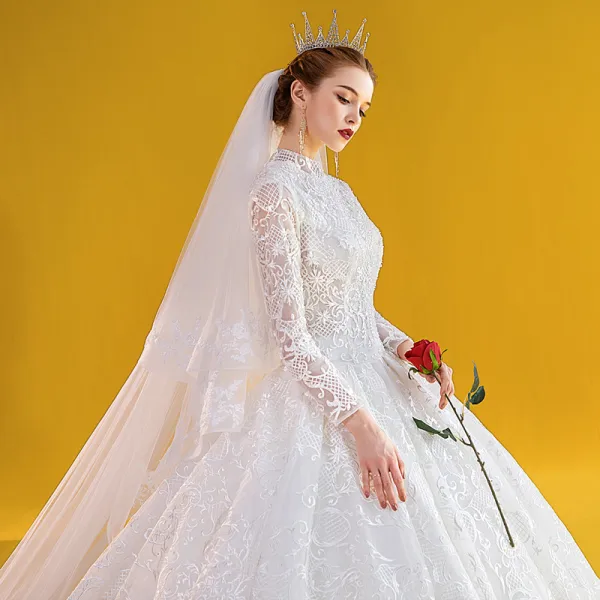 Vintage / Retro Ivory Ball Gown Wedding Dresses 2020 High Neck Lace Flower Long Sleeve Royal Train