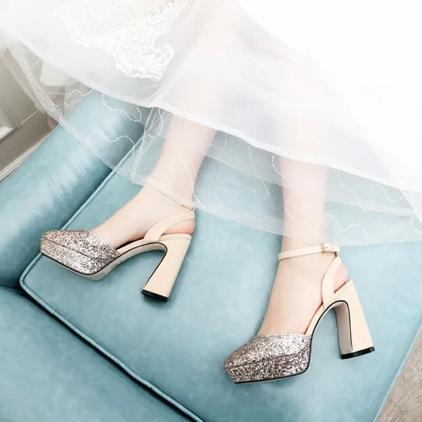 Modern / Fashion Gold Wedding Shoes 2019 Ankle Strap Sequins 11 cm Thick Heels Pointed Toe Wedding High Heels