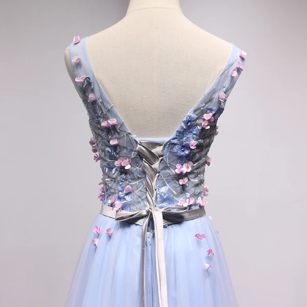 Chic / Belle Bleu Ciel Robe De Bal 2018 Princesse En Dentelle Fleur Appliques Cristal V-Cou Dos Nu Sans Manches Longue Robe De Ceremonie