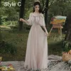 Modest / Simple Blushing Pink Bridesmaid Dresses 2021 A-Line / Princess Scoop Neck Short Sleeve Backless Floor-Length / Long Wedding Party Dresses