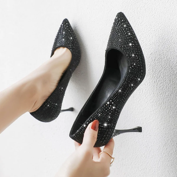 Stylowe / Modne Srebrny Buty Ślubne 2019 Rhinestone 8 cm Szpilki Szpiczaste Ślub Czółenka