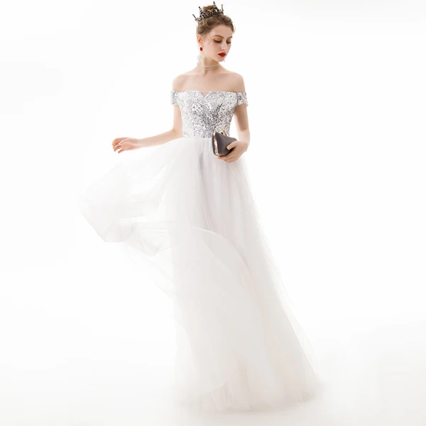 Modern / Fashion Ivory Evening Dresses 2019 A-Line / Princess Off-The-Shoulder Sequins Short Sleeve Backless Floor-Length / Long Formal Dresses