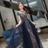 Chic / Beautiful Navy Blue Evening Dresses  2020 A-Line / Princess Scoop Neck Crystal Short Sleeve Backless Floor-Length / Long Formal Dresses