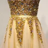 Chic / Beautiful Gold Prom Dresses 2018 A-Line / Princess Beading Crystal Sequins Sash Sweetheart Backless Sleeveless Floor-Length / Long Formal Dresses
