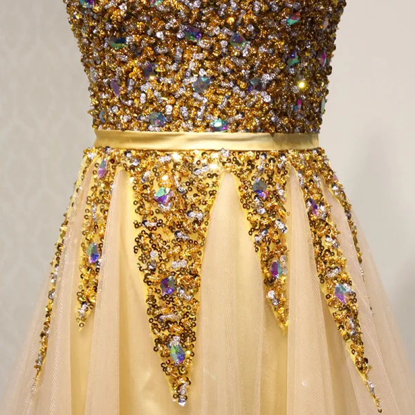 Chic / Beautiful Gold Prom Dresses 2018 A-Line / Princess Beading Crystal Sequins Sash Sweetheart Backless Sleeveless Floor-Length / Long Formal