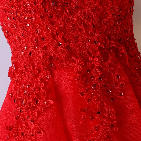 Chic / Belle Rouge Robe De Ceremonie Robe De Bal 2017 En Dentelle Fleur Paillettes Dos Nu V-Cou Sans Manches Robe Boule Courte
