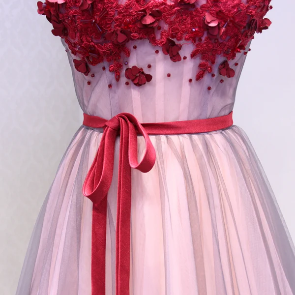 Chic / Belle Bordeaux Robe De Bal 2018 Princesse Appliques Cristal Noeud V-Cou Dos Nu Sans Manches Longue Robe De Ceremonie