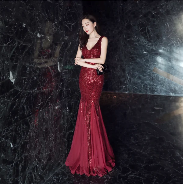 Modern / Fashion Silver Evening Dresses  2019 Trumpet / Mermaid V-Neck Sequins Sash Sleeveless Backless Floor-Length / Long Formal Dresses