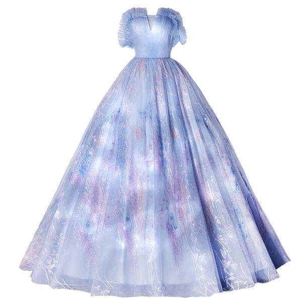 Elegant Sky Blue Glitter Prom Dresses 2021 Ball Gown Ruffle Square Neckline Sleeveless Backless Floor-Length / Long Formal Dresses